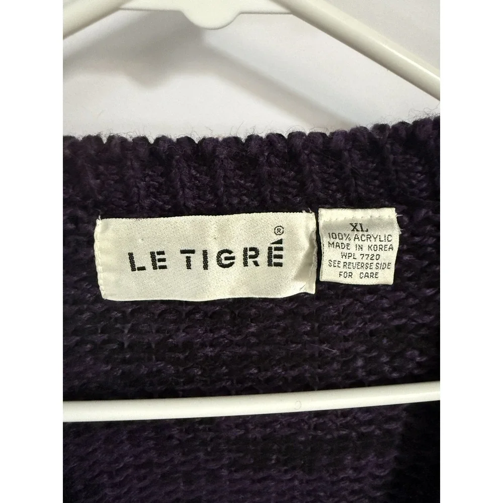 Vintage Le Tigre Cardigan Purple and Brown XL Chunky Knit Cosby Grandpacore